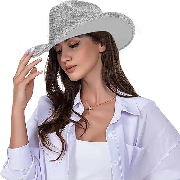 Women Western Glitter Cowboy Hat Sparkle Cowgirl Fedora for Parties